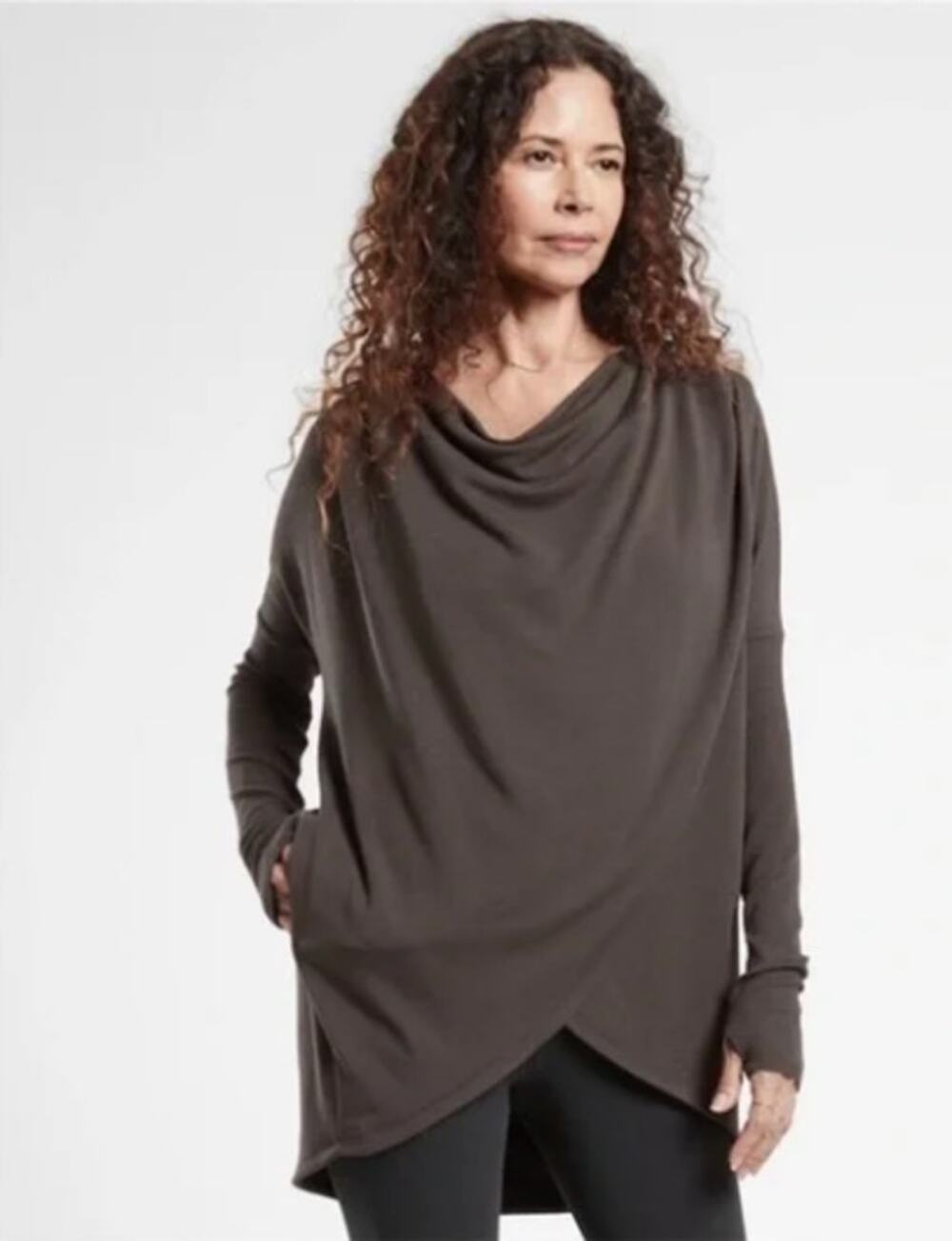 Athleta S walnut brown Purana wrap sweatshirt hoodie long sleeve cozy warm soft